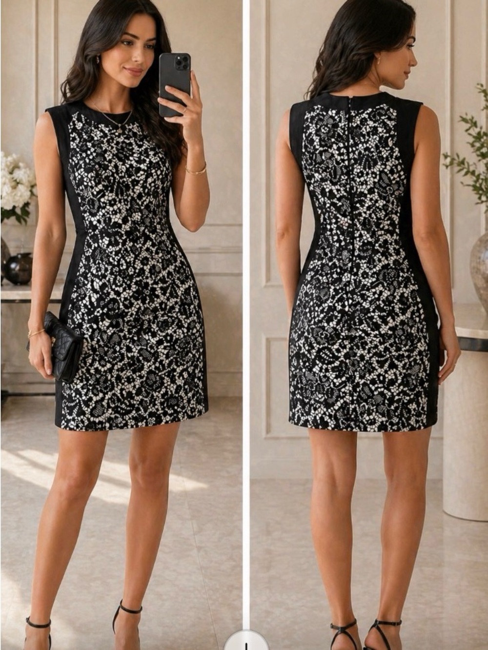 Sleeveless Black Lace Midi Dress with White Underlay